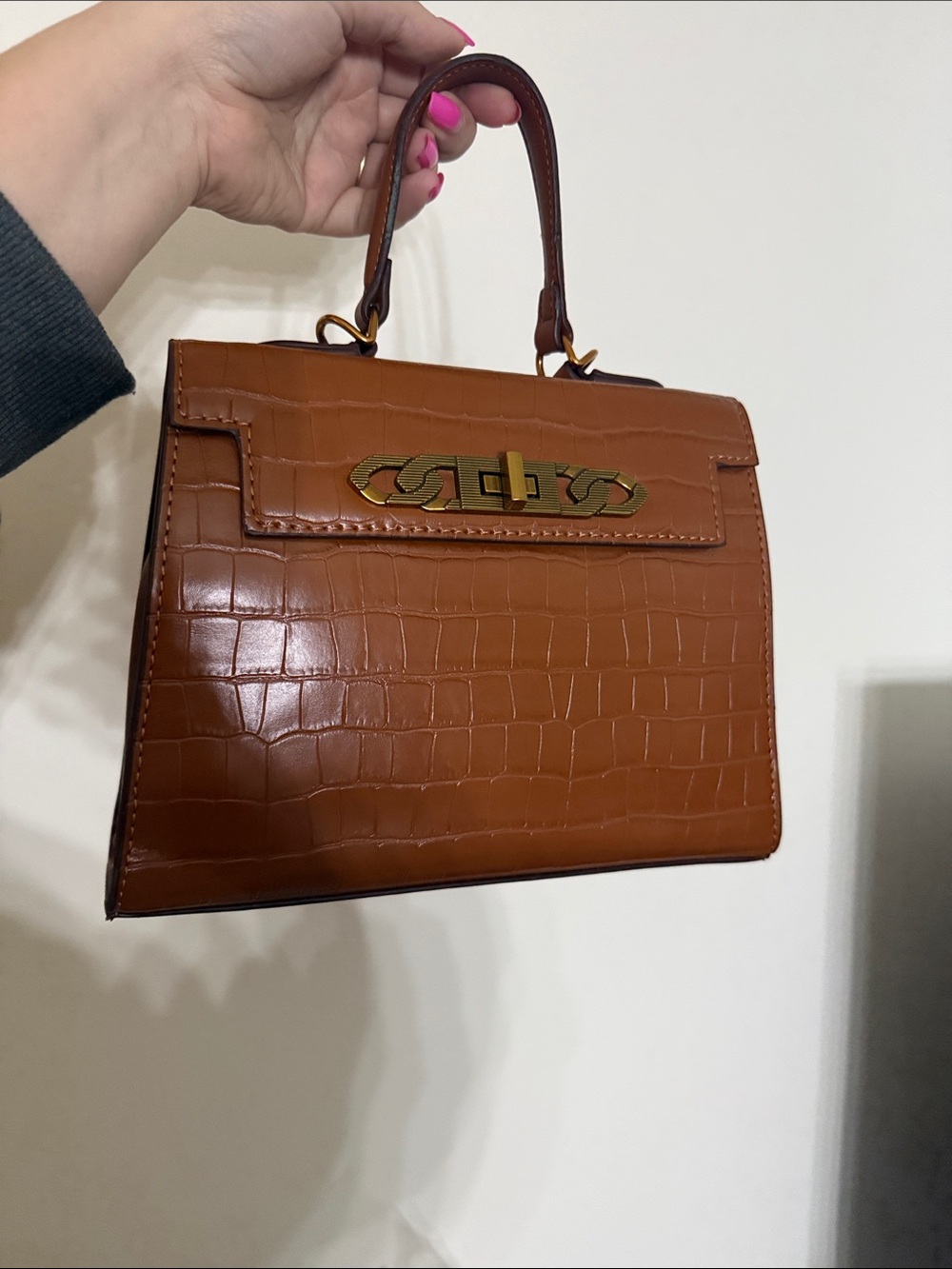 Faux Croc-Embossed Top-Handle Bag in Brown